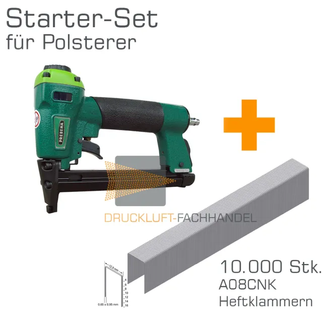 AKTION Prebena Druckluftnagler 1XR-A16 + 10.000 A08CNK Heftklammern - Starter-Set für Polsterer