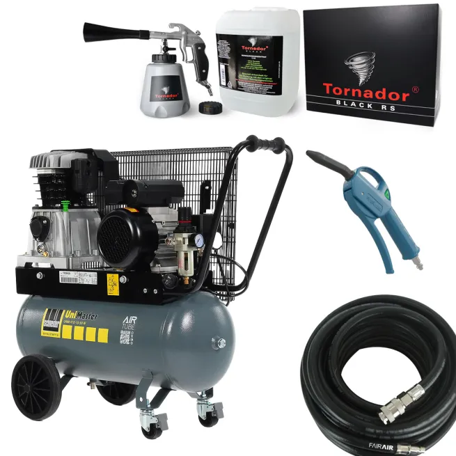 AKTION Tornador Komplett-Set | Schneider-Kompressor UNM 410-10-50 W - der Allrounder inkl. Reiniger, Schlauch + Blaspistole