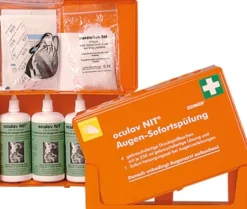 Augenspülung, Sofortset: Kunststoffbox mit praktischer Wandhalterung.