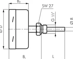 Bimetallthermometer, waagerecht D63/0 bis +250°C/160mm, Edelstahl für aggressive Medien