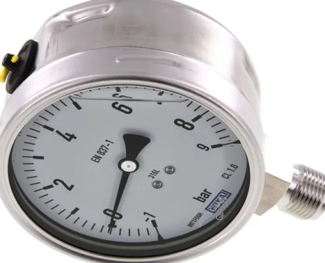 Chemie-Glycerin-Manometer senkrecht,100mm, -1 bis 9 bar