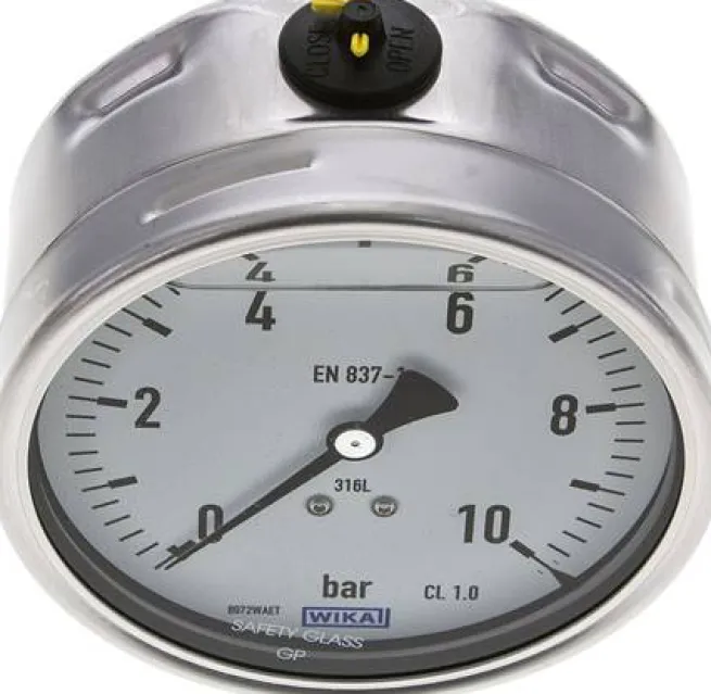 Chemie-Glycerin-Manometer waagerecht, 100mm, 0 - 10bar