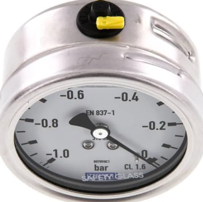 Chemie-Glycerin-Manometer waagerecht, 63mm, -1 bis 0bar