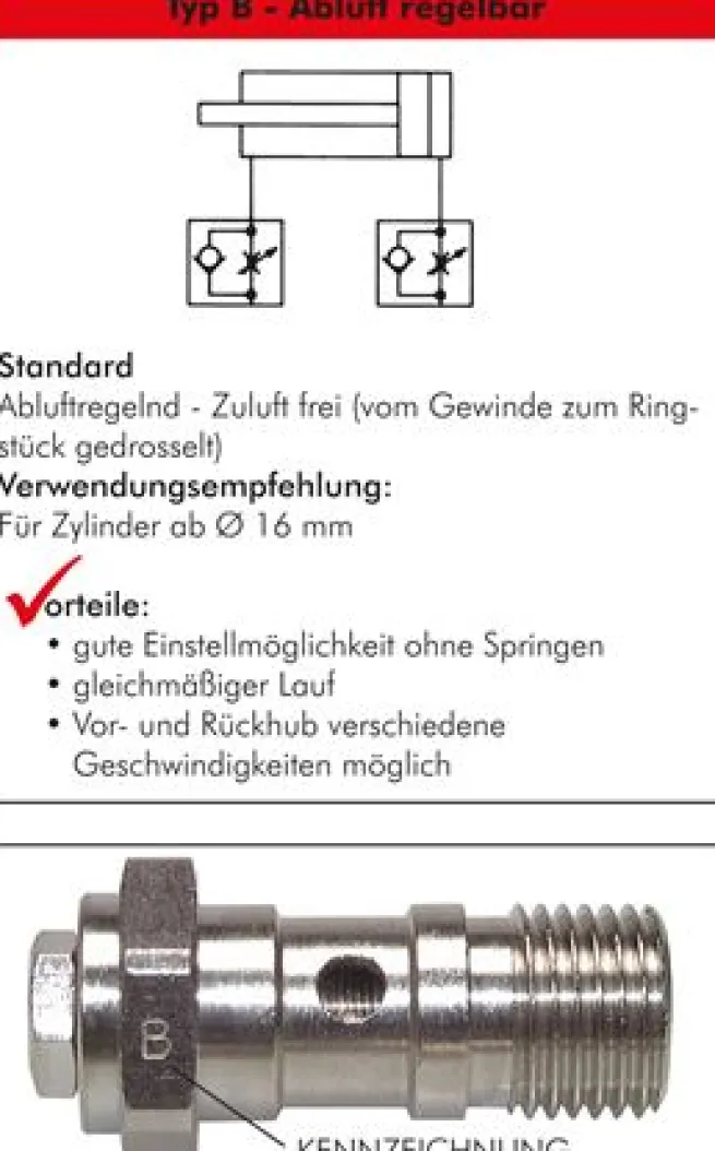 Drosselrückschlagventil G 1/8", abluftregelnd (B), Messing, Rändelschraube und Kontermutter