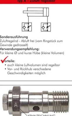 Drosselrückschlagventil G 1/8"-8 x 6mm, zuluftregelnd (A), Aluminium, Rändelschraube und Kontermutter