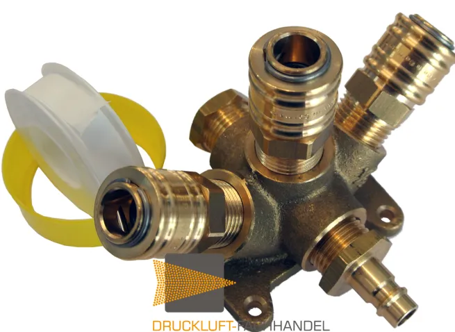 Druckluftverteiler Wanddose 5x G 1/2 / Messing + 3 Kupplung / 1 x Nippel NW 7,2 + Zubehör