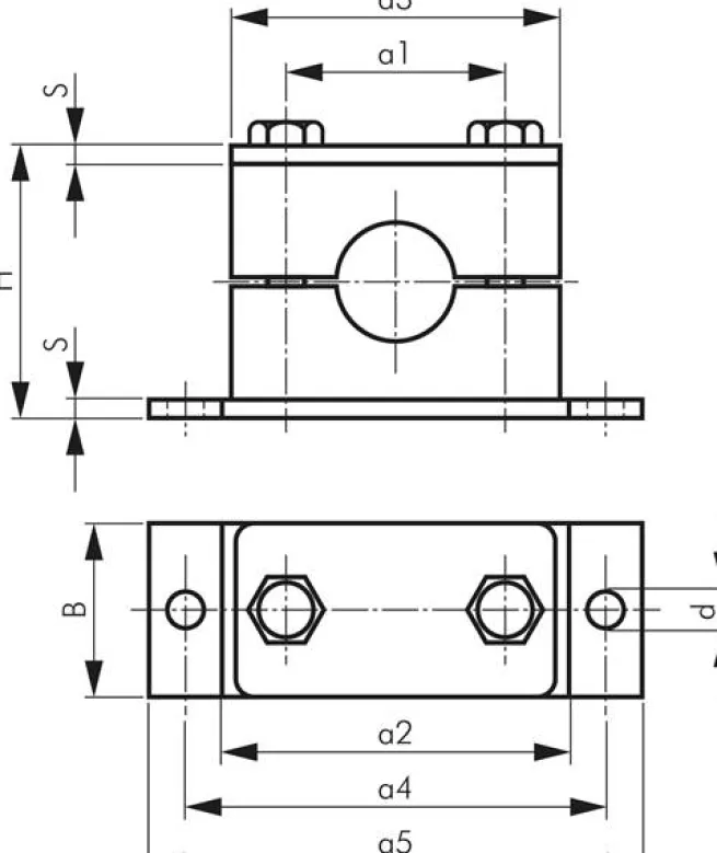 Edelstahl-Rohrschelle, 18mm, Baugröße 2, leichte Baureihe, verlängerte Anschweißplatte