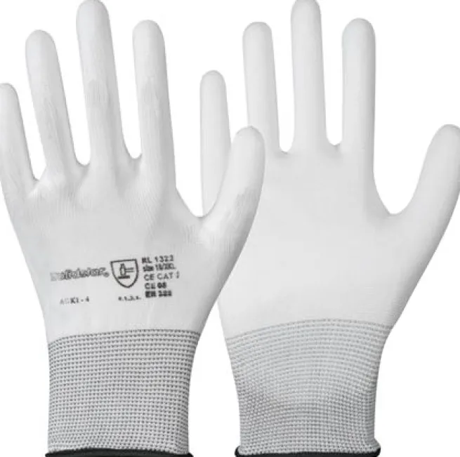 Feinstrick Handschuh mit PU-Teilbeschichtung, fusselfrei, weiß, M, Schutzklasse (EN 388) 4.1.3.1.X