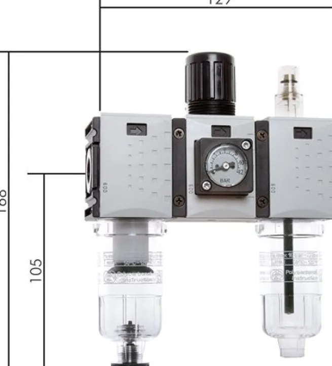 FUTURA Wartungseinheit, 3-tlg., G 1/4", 0,5 - 8 bar, Baur.0, Kompaktmanometer, Ablass automatisch, Metallbehälter