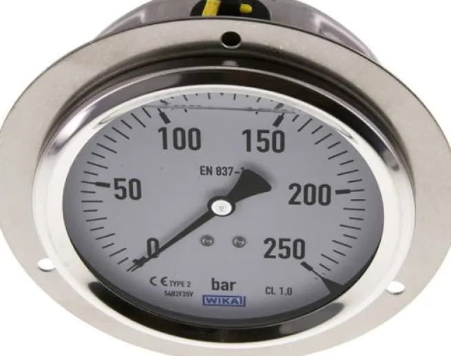 Glycerin-Einbaumanometer,Frontring, 100mm, 0 - 250 bar