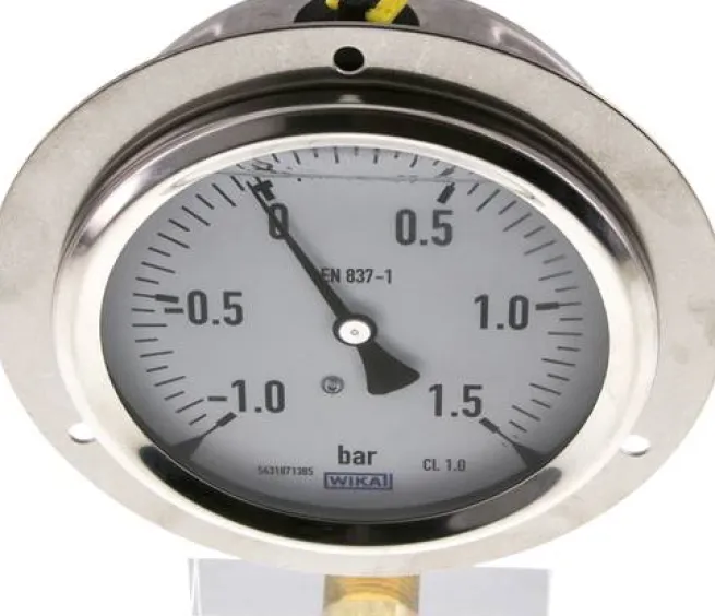 Glycerin-Einbaumanometer,Frontring, 100mm, -1 bis 1,5 bar