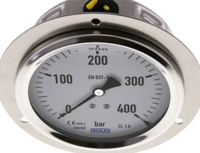 Glycerin-Einbaumanometer,Frontring, 100mm, 0 - 400 bar