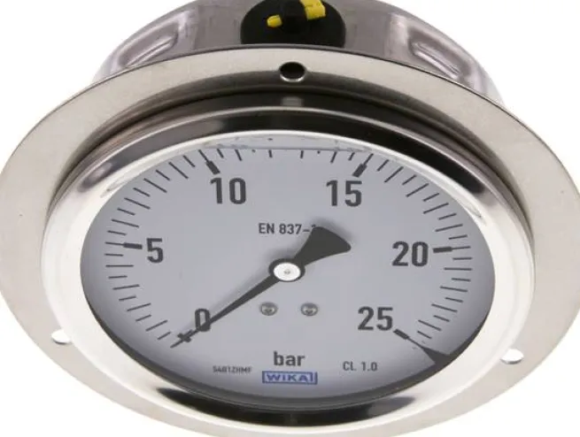 Glycerin-Einbaumanometer,Frontring, 100mm, 0 - 25 bar