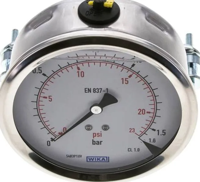 Glycerin-Einbaumanometer, 3kt-Frontring, 100mm, 0 - 1,6 bar