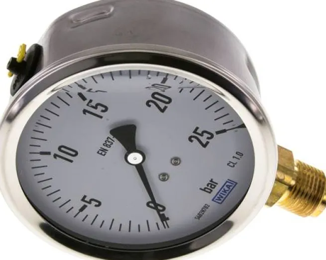 Glycerin-Manometer senkrecht (CrNi/Ms),100mm, 0 - 25 bar