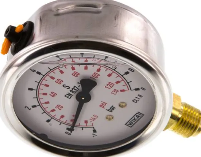 Glycerin-Manometer senkrecht (CrNi/Ms), 63mm, -1 bis 9 bar