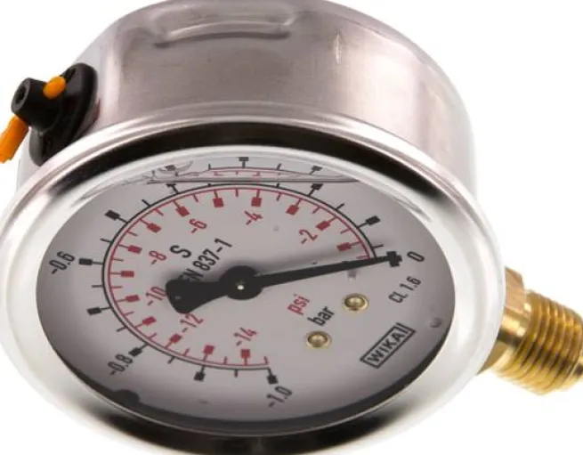 Glycerin-Manometer senkrecht (CrNi/Ms), 63mm, -1 bis 0 bar