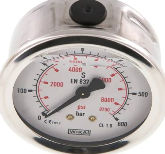 Glycerin-Manometer waagerecht (CrNi/Ms),63mm, 0 - 600bar
