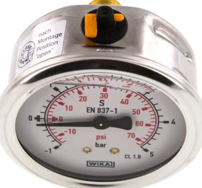 Glycerin-Manometer waagerecht (CrNi/Ms),63mm, -1 bis 5bar