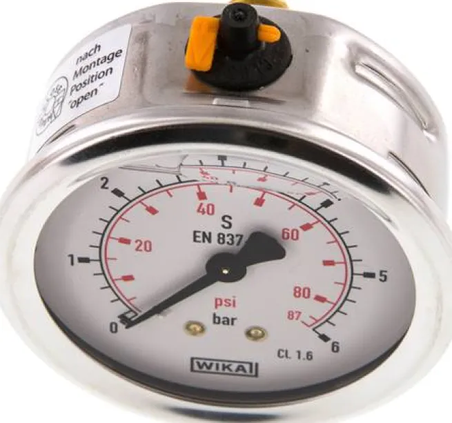 Glycerin-Manometer waagerecht (CrNi/Ms),63mm, 0 - 6bar