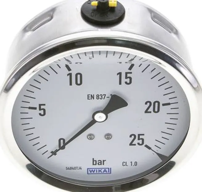 Glycerin-Manometer waagerecht (CrNi/Ms),100mm, 0 - 25bar