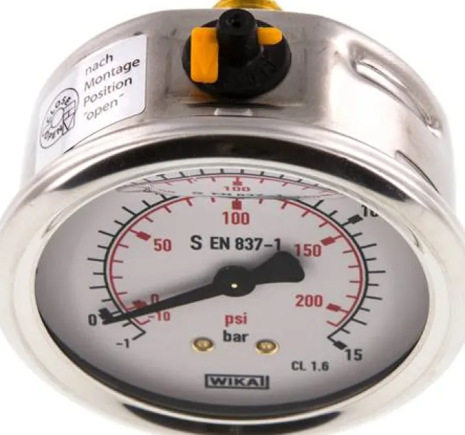Glycerin-Manometer waagerecht (CrNi/Ms),63mm, -1 bis 15bar