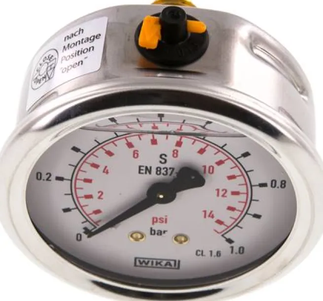 Glycerin-Manometer waagerecht (CrNi/Ms),63mm, 0 - 1bar