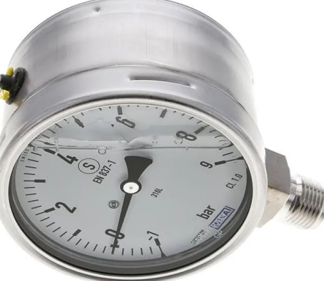 Gly.-Sicherheits-Manometer senkrecht,100mm, -1 bis 9 bar