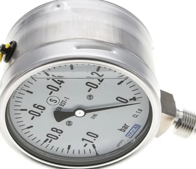 Gly.-Sicherheits-Manometer senkrecht,100mm, -1 bis 0 bar
