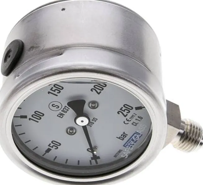 Gly.-Sicherheits-Manometer senkrecht,63mm, 0 - 250 bar