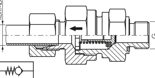 Hydraulik-Rückschlagventil 35 L (M45x2)-G 1-1/4", Stahl verzinkt, Durchfluss Gewinde zu Rohr