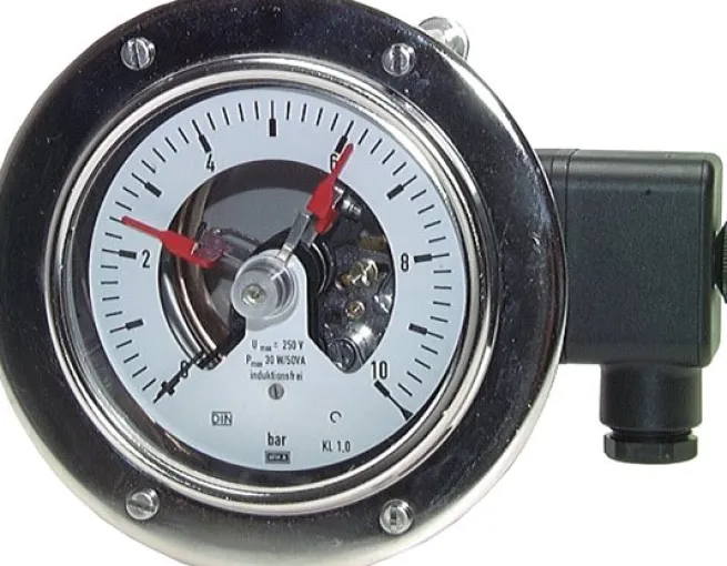 Kontaktmanometer (CrNi/Ms), waager., 160mm, 0 - 1,6 bar, 1 Öffner- 1 Schliesskontakt