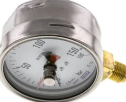 Manometer senkrecht (CrNi/Ms), 100mm, 0 - 160 bar, mit rückstellbarem Schleppzeiger
