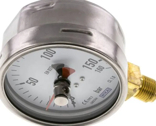 Manometer senkrecht (CrNi/Ms), 100mm, 0 - 160 bar, mit rückstellbarem Schleppzeiger