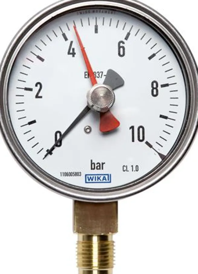 Manometer senkrecht (CrNi/Ms), 100mm, 0 - 0,6 bar, mit rückstellbarem Schleppzeiger
