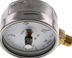 Manometer senkrecht (CrNi/Ms), 100mm, -1 bis 15 bar, mit rückstellbarem Schleppzeiger