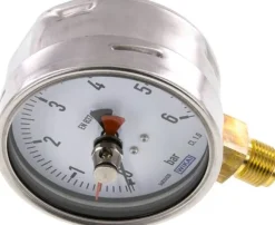 Manometer senkrecht (CrNi/Ms), 100mm, 0 - 6 bar, mit rückstellbarem Schleppzeiger