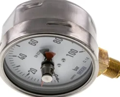 Manometer senkrecht (CrNi/Ms), 100mm, 0 - 100 bar, mit rückstellbarem Schleppzeiger