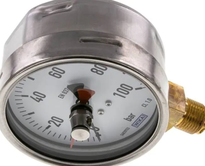 Manometer senkrecht (CrNi/Ms), 100mm, 0 - 100 bar, mit rückstellbarem Schleppzeiger