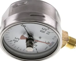 Manometer senkrecht (CrNi/Ms), 100mm, -1 bis 0,6 bar, mit rückstellbarem Schleppzeiger