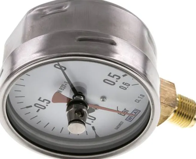 Manometer senkrecht (CrNi/Ms), 100mm, -1 bis 0,6 bar, mit rückstellbarem Schleppzeiger
