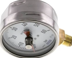 Manometer senkrecht (CrNi/Ms), 100mm, 0 - 60 bar, mit rückstellbarem Schleppzeiger