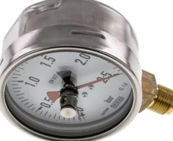 Manometer senkrecht (CrNi/Ms), 100mm, 0 - 2,5 bar, mit rückstellbarem Schleppzeiger