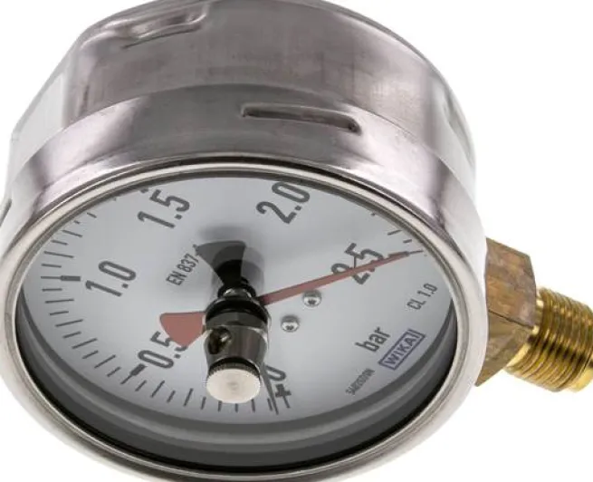 Manometer senkrecht (CrNi/Ms), 100mm, 0 - 2,5 bar, mit rückstellbarem Schleppzeiger