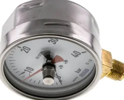 Manometer senkrecht (CrNi/Ms), 100mm, 0 - 40 bar, mit rückstellbarem Schleppzeiger