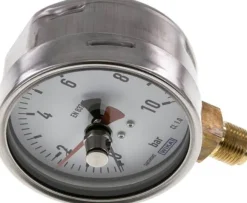 Manometer senkrecht (CrNi/Ms), 100mm, 0 - 10 bar, mit rückstellbarem Schleppzeiger