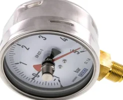 Manometer senkrecht (CrNi/Ms), 100mm, -1 bis 5 bar, mit rückstellbarem Schleppzeiger