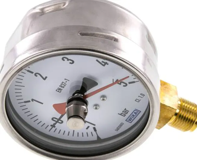 Manometer senkrecht (CrNi/Ms), 100mm, -1 bis 5 bar, mit rückstellbarem Schleppzeiger