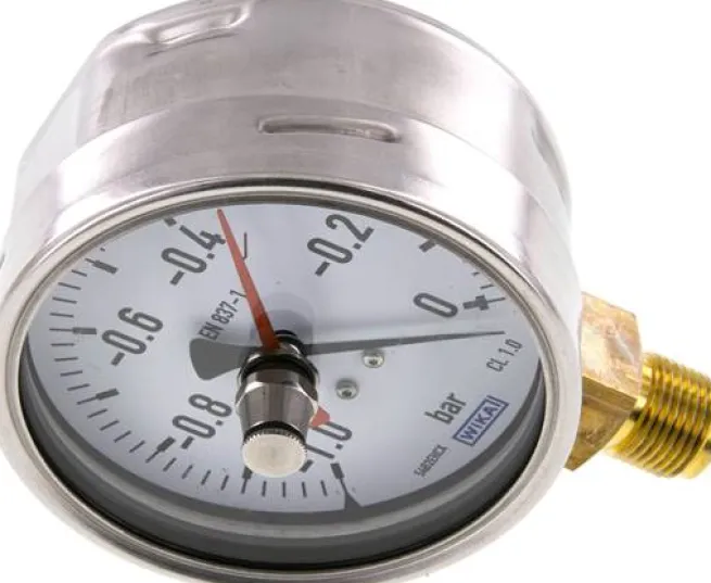 Manometer senkrecht (CrNi/Ms), 100mm, -1 bis 0 bar, mit rückstellbarem Schleppzeiger