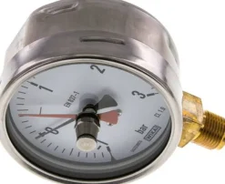 Manometer senkrecht (CrNi/Ms), 100mm, -1 bis 3 bar, mit rückstellbarem Schleppzeiger